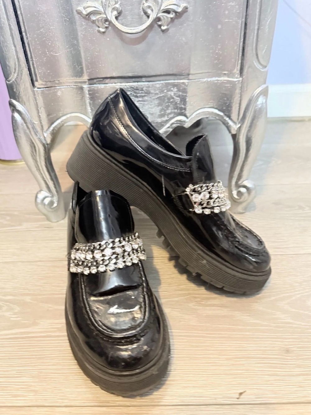 Steve Madden Black Patent Platform Loafers with Crystal Strap